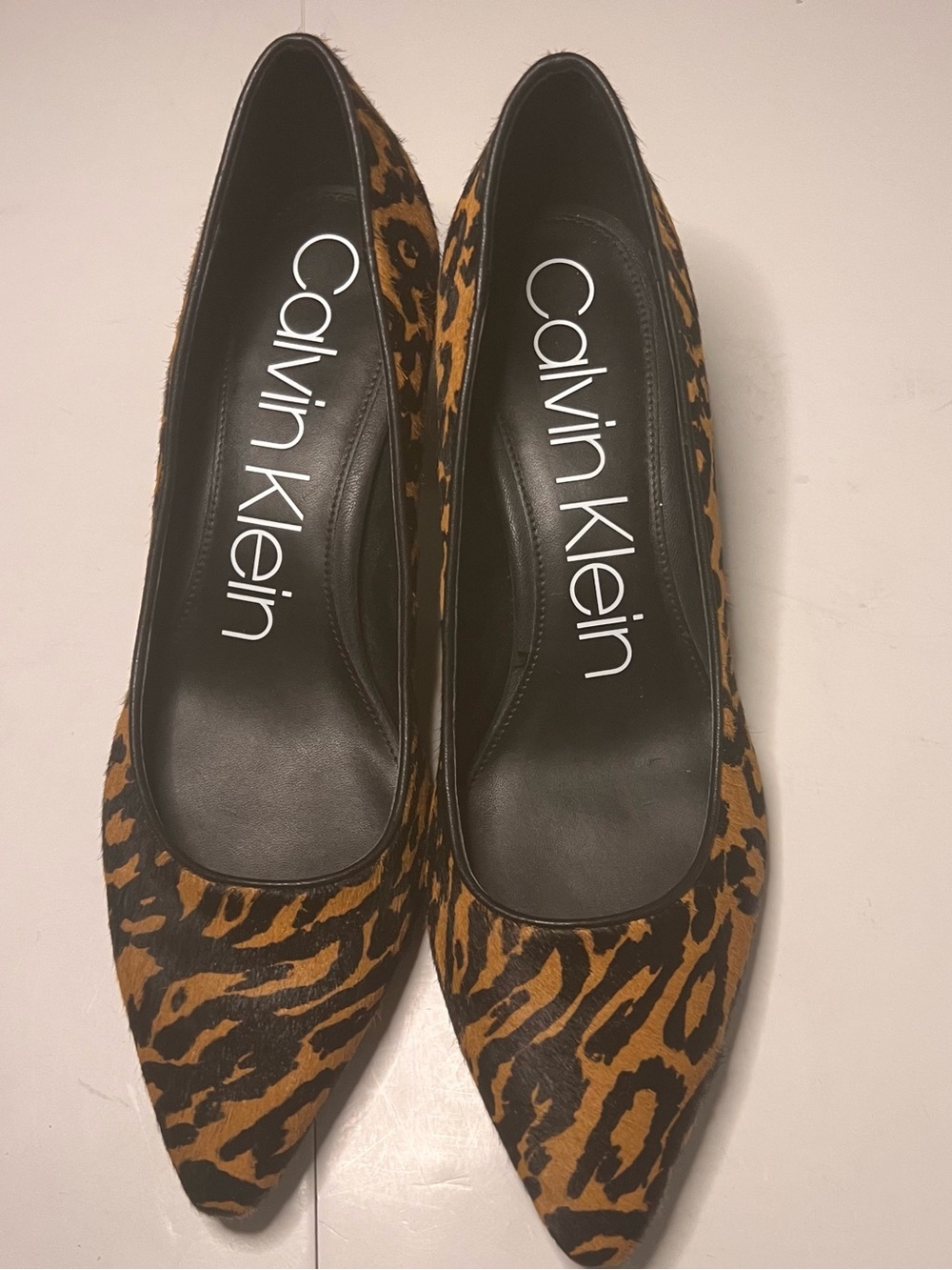 Calvin Klein Nita Leopard Print Genuine Calf Hair Pointed Block Heel Pumps 10